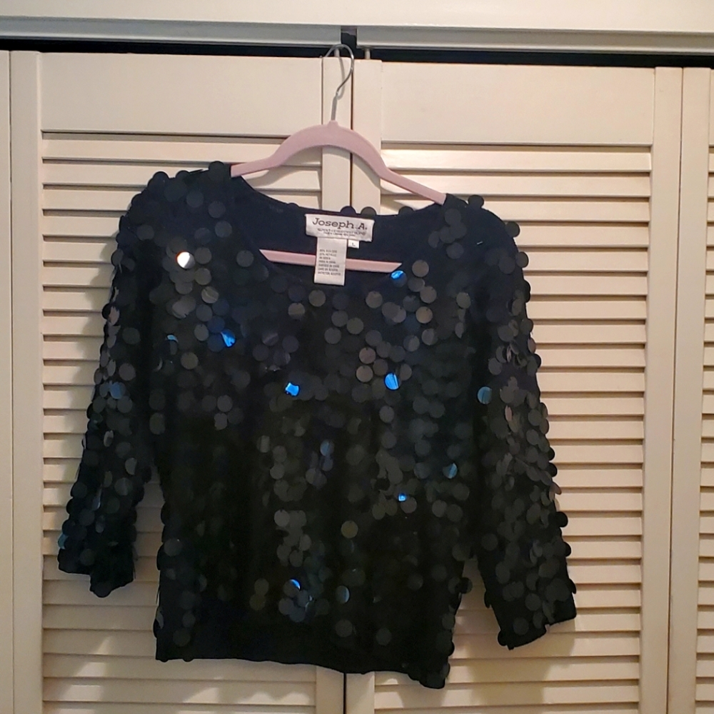 Black Metallic Dressy Silk Sequined knit Sweater,  Sz L